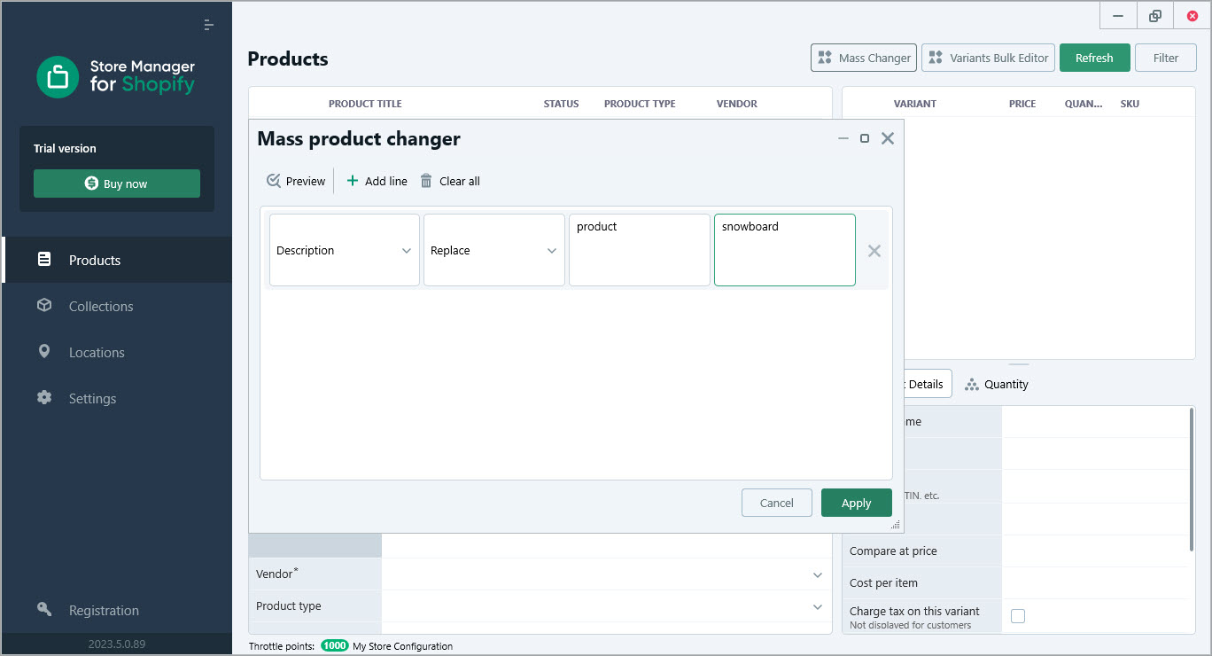 Replace product description value massively with Store Manager for Shopify - Set replace parameters