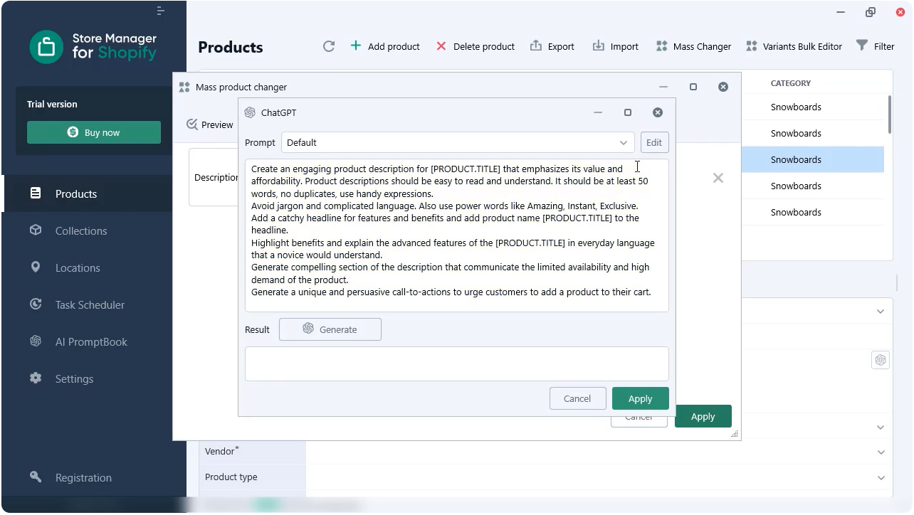 Store Manager for Shopify prompt sample for Chat GPT to generate product description based on product name