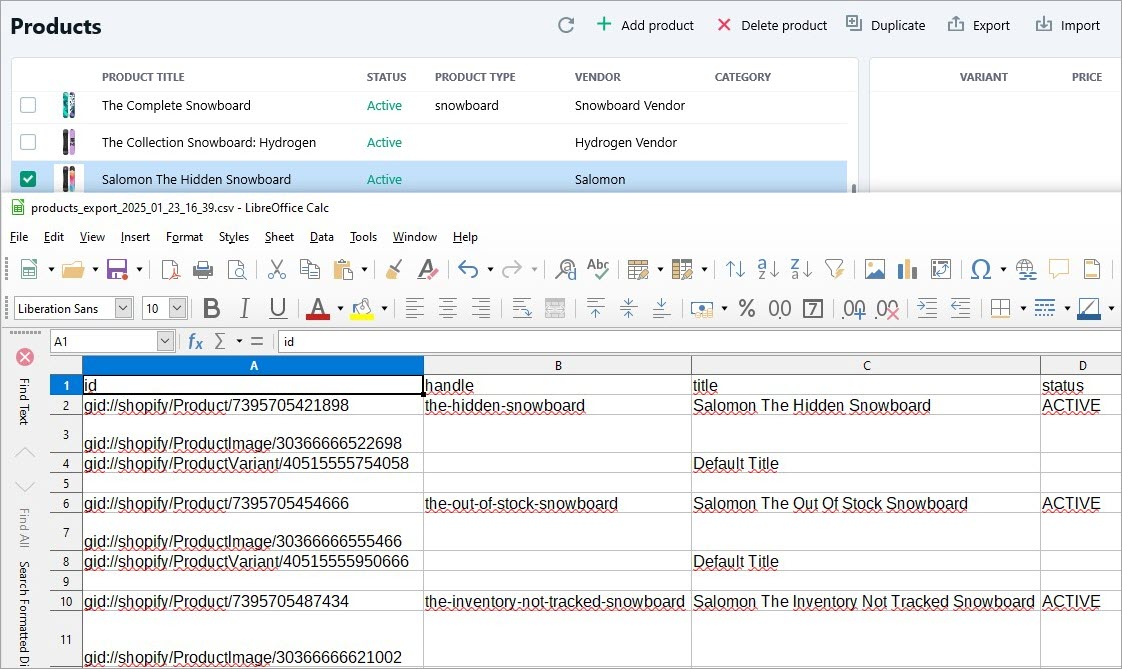 CSV File with Exported Shopify Products