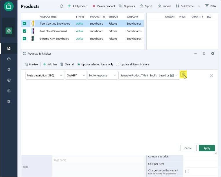 ChatGPT Button in Shopify Products Bulk Editor for Meta Description Generation