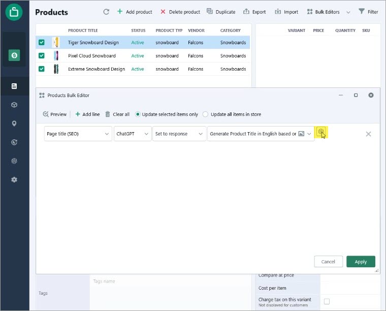 ChatGPT Icon in Shopify Products Bulk Editor