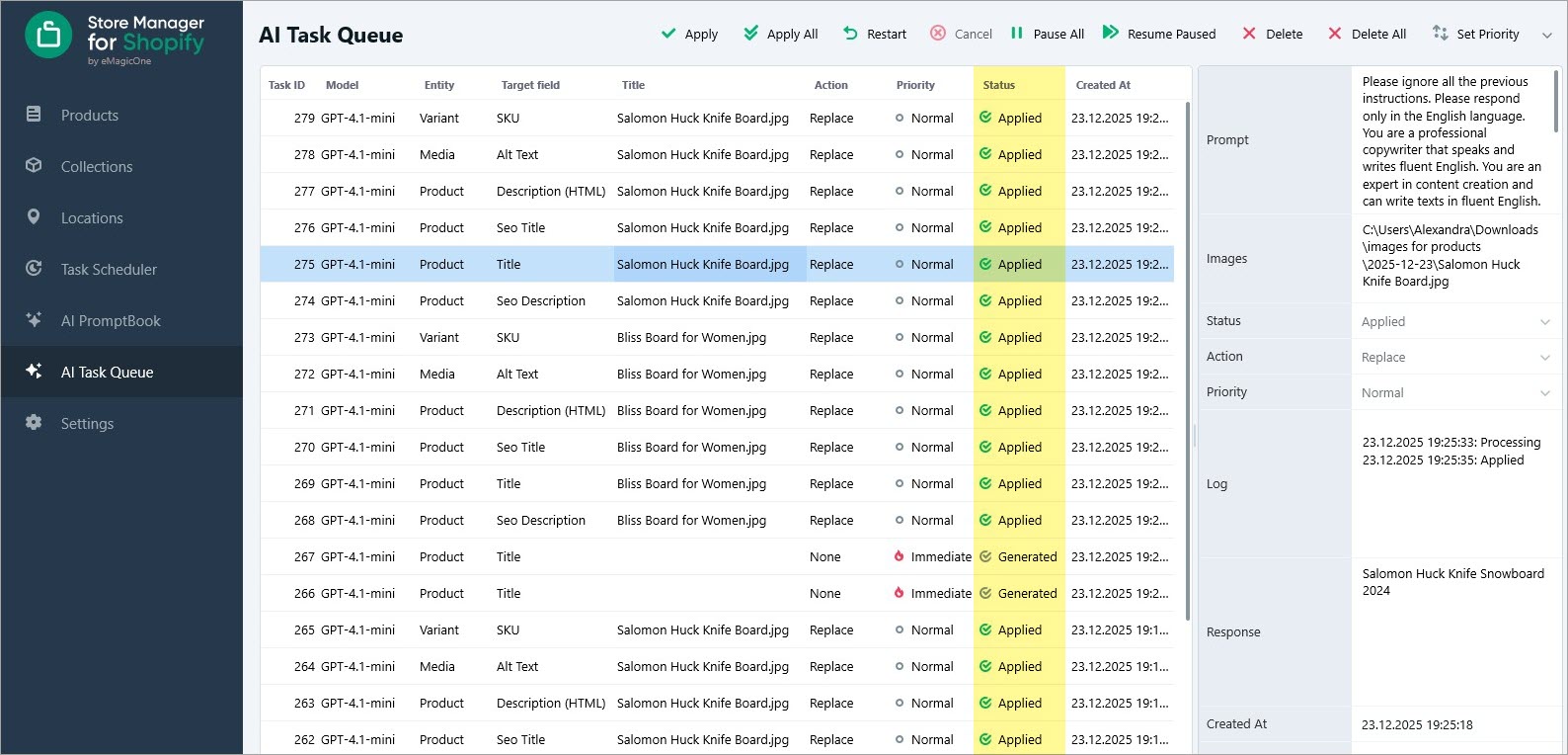 Applied Product Creation Tasks in AI Task Queue