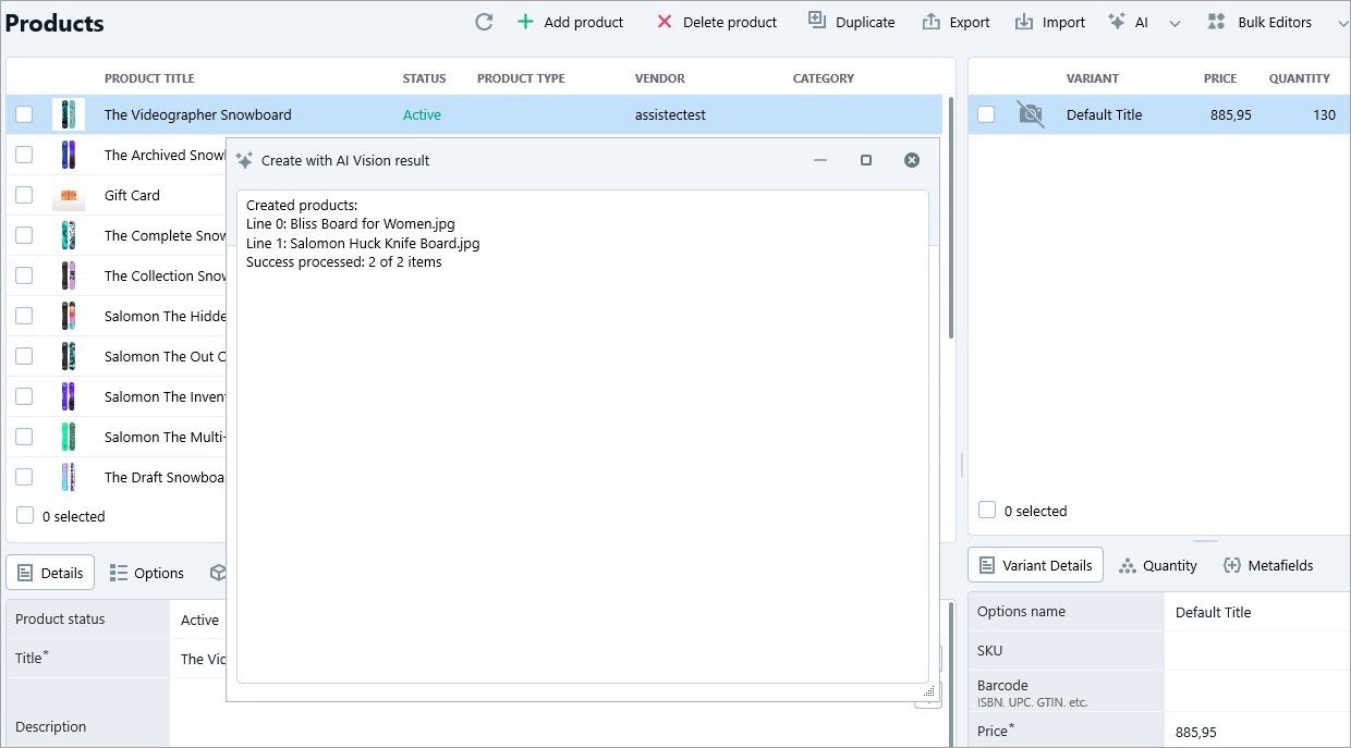 Shopify Product Creation Result with ChatGPT