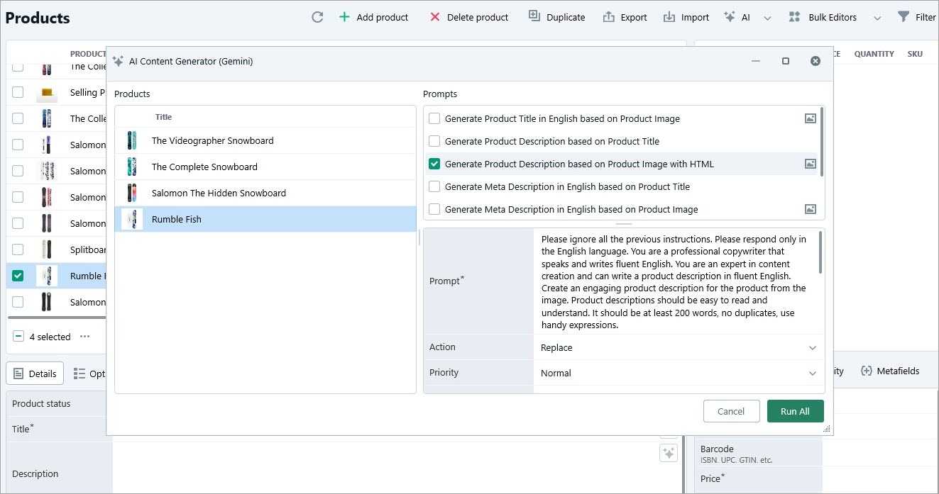 Gemini Content Generator Settings for Product Description Generation Based on Image