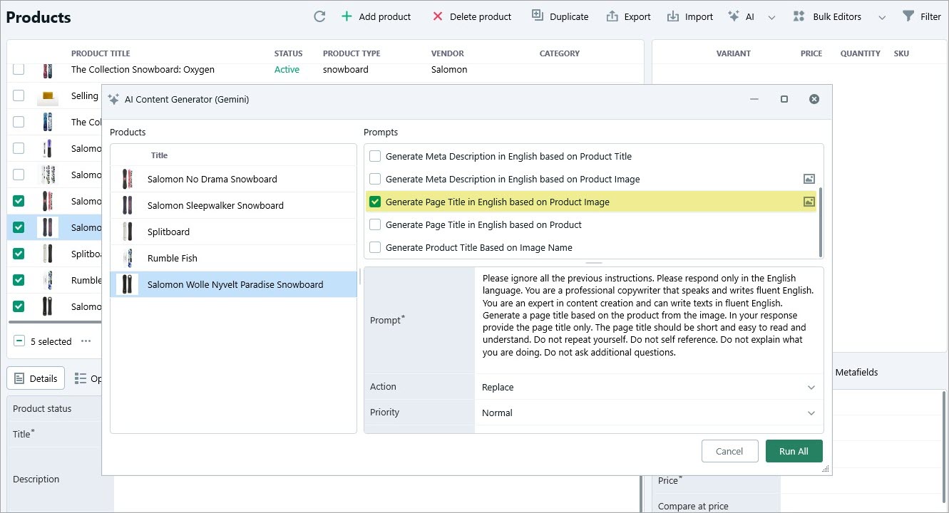 Gemini Content Generator Window with Page Title Prompt
