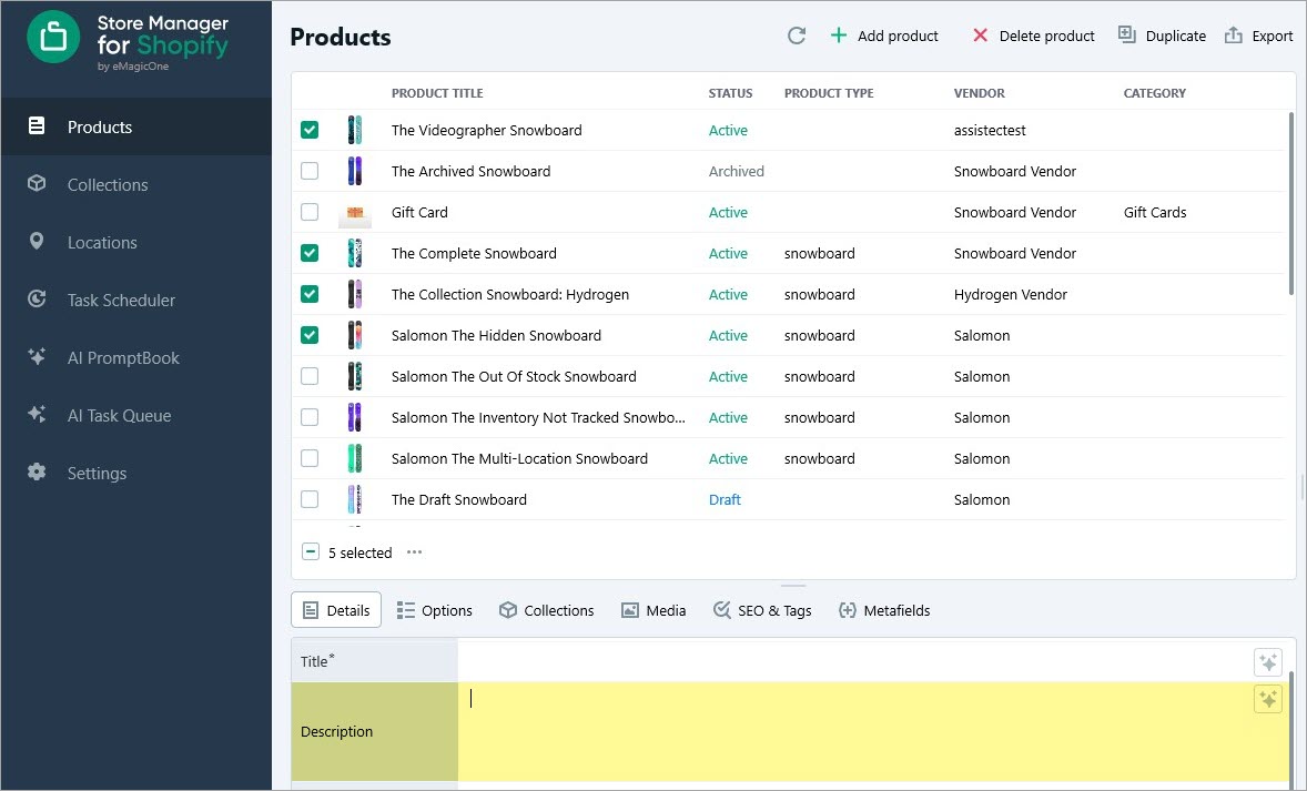 Shopify Product List for Description Generation with Gemini