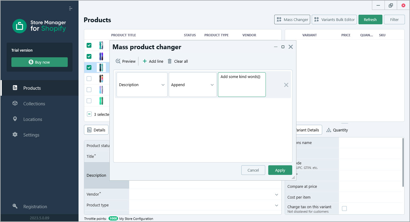 Edit Shopify Product Description in Bulk Append Value - Set parameters to append text to product description