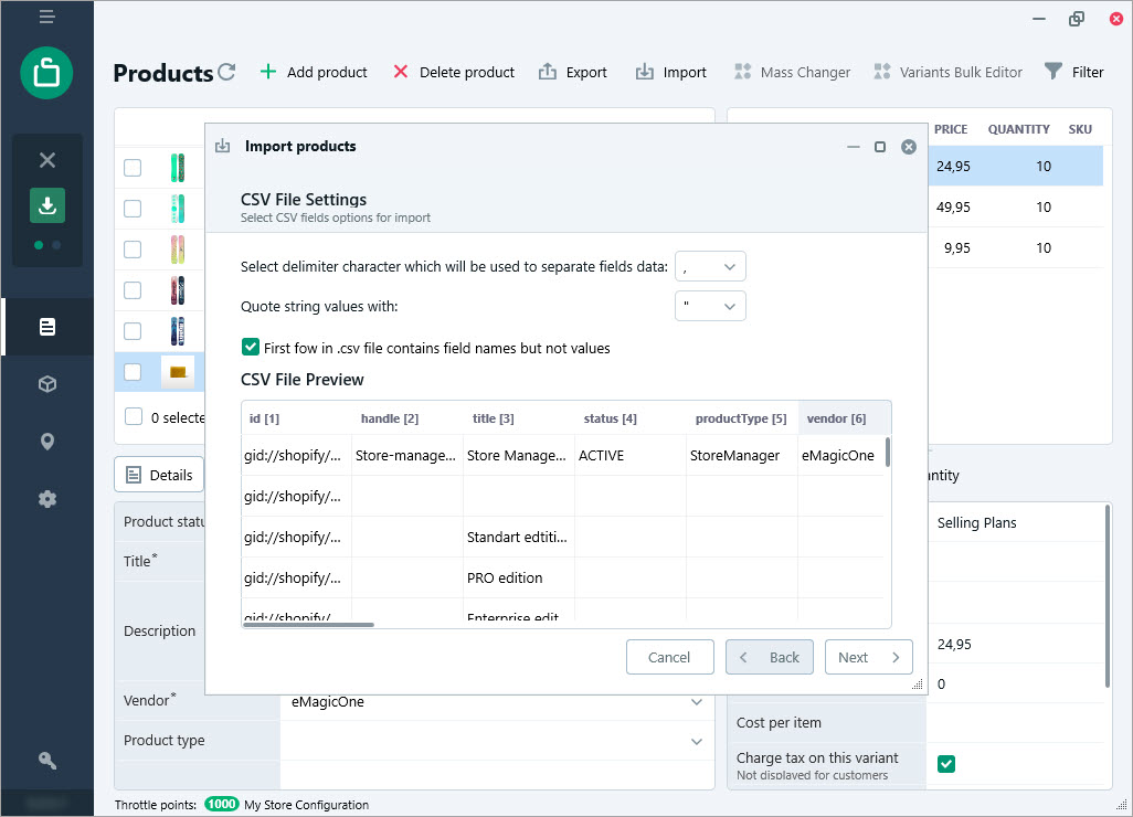 CSV File Preview in Store Manager for Shopify Import Wizard