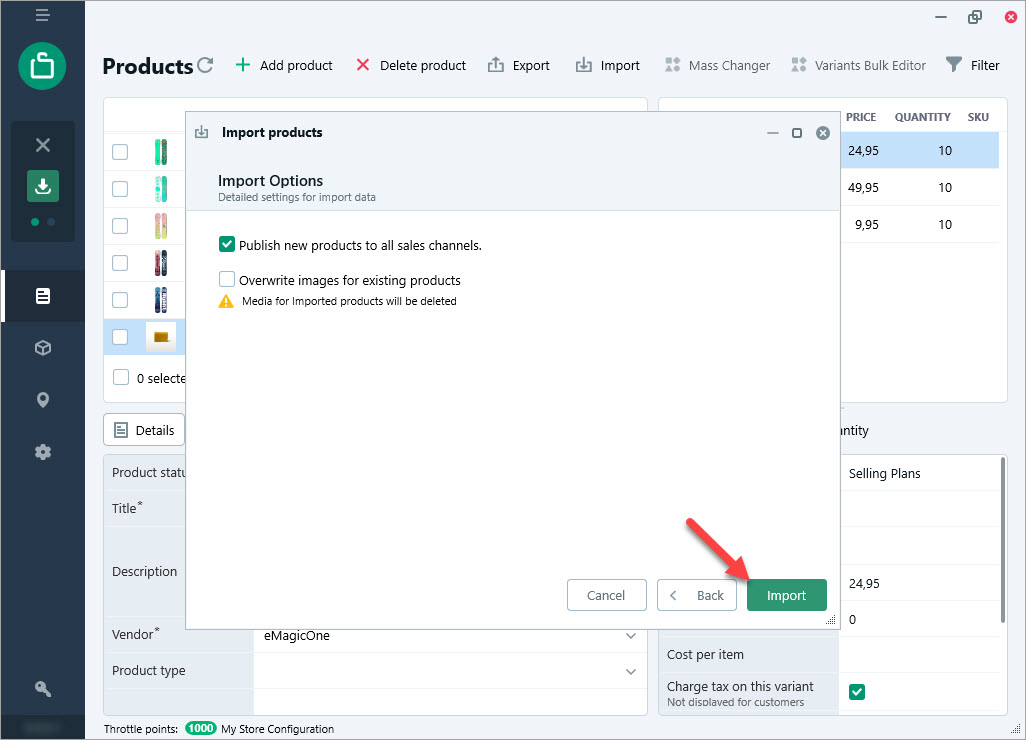 Import Options Step During Product Import via Shopify Store Manager