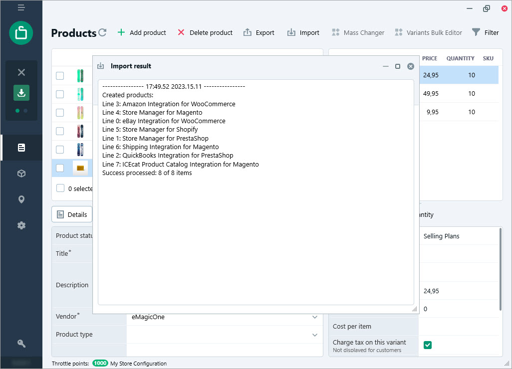Product Import Result Window in Store Manager for Shopify