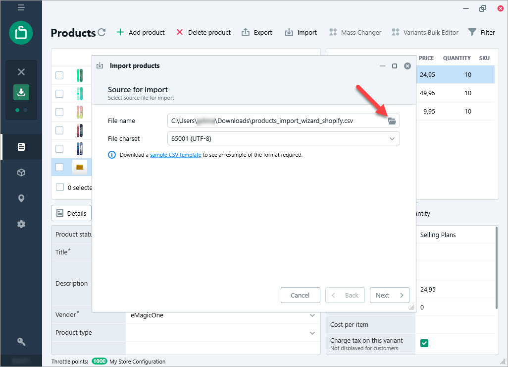 Source File Selection for Product Import via Store Manager for Shopify