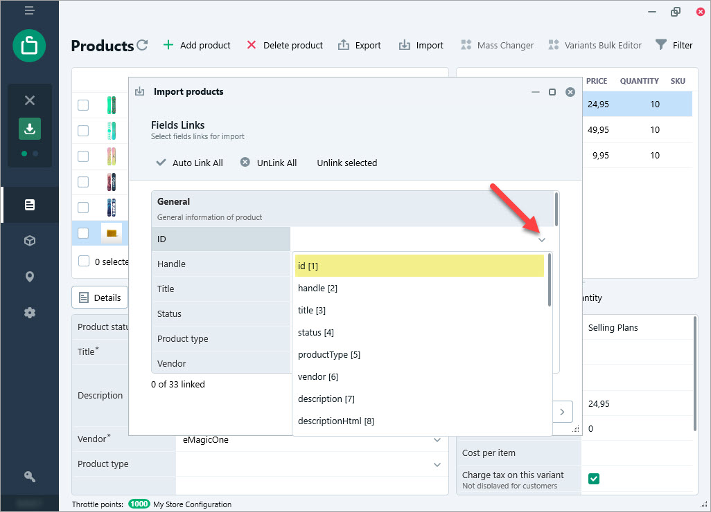 Manual Mapping of CSV Columns to Database Fields in Store Manager for Shopify 