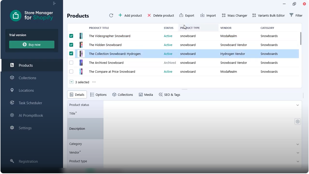 SChoose the products in Store Manager for Shopify where you want to generate descriptions. Store Manager for Shopify ChatGPT