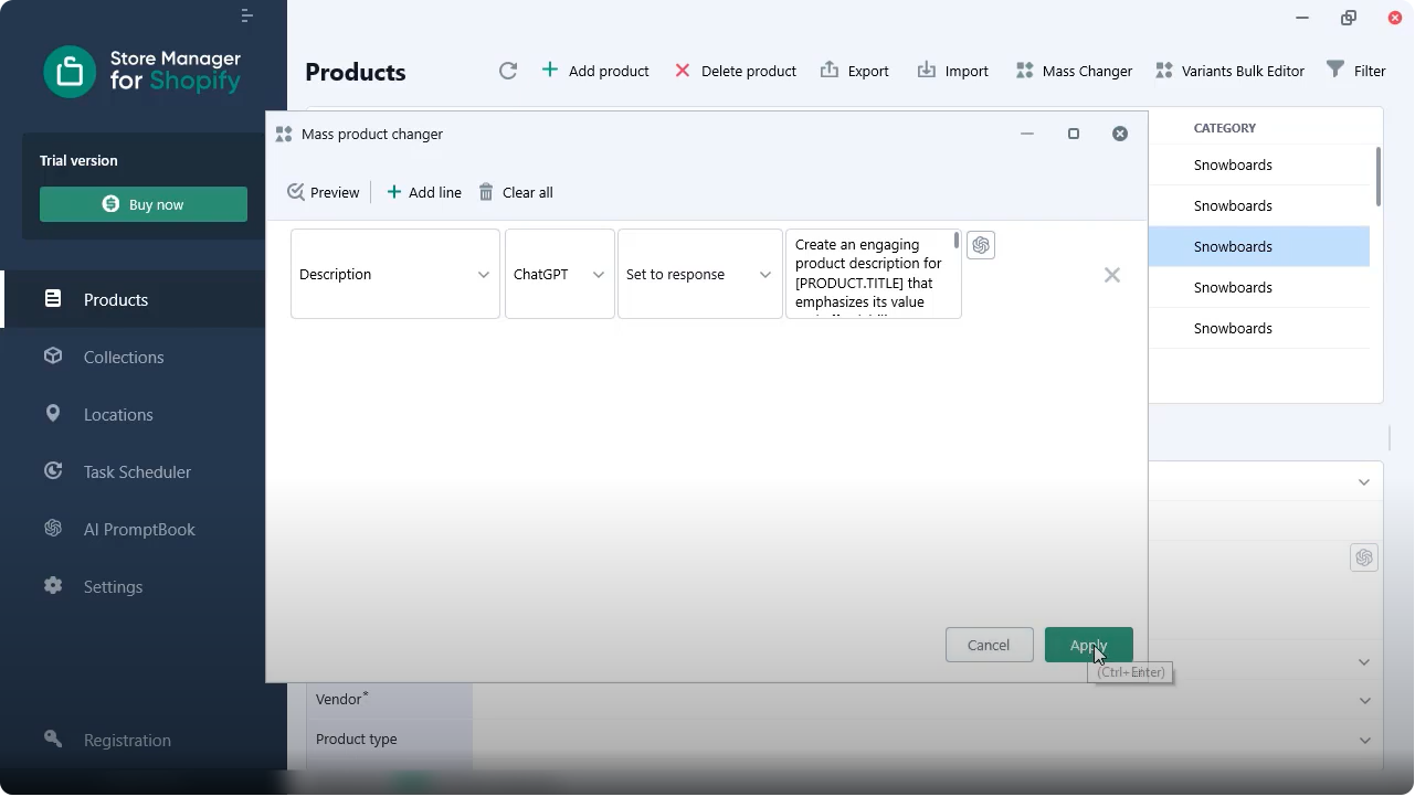 Run the bulk product content generation. Store Manager for Shopify ChatGPT