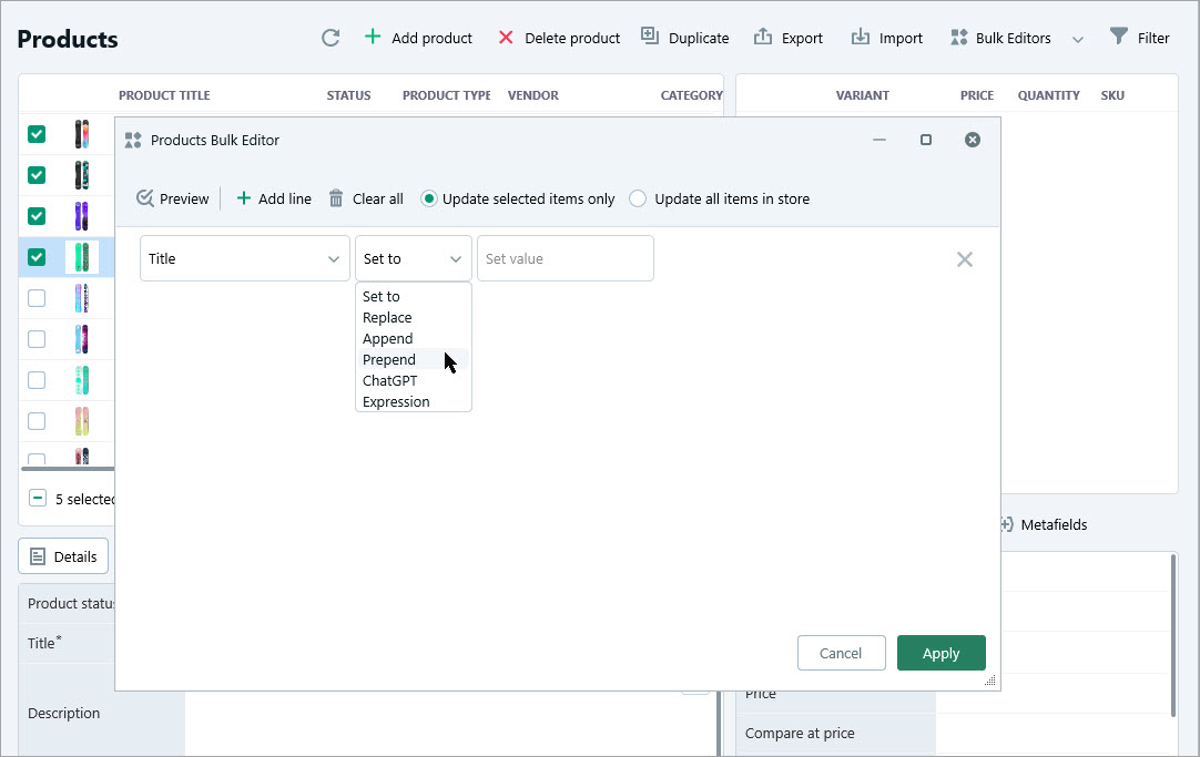 Shopify Prepend Option for Product Titles Bulk Update Shopify Prepend Option for Product Titles Bulk Update