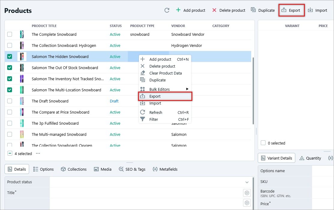 Selected Shopify Products for Export via Store Manager Selected Shopify Products for Export via Store Manager