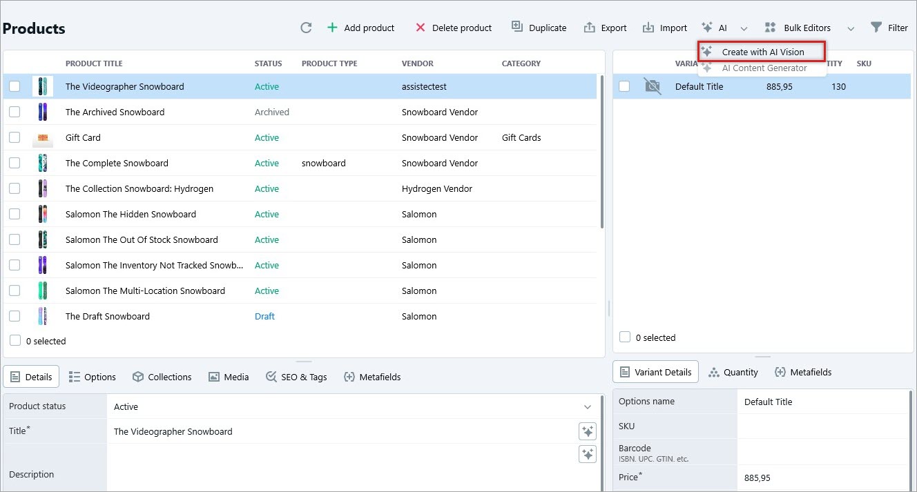 Create with AI Vision Option in Shopify Store Manager