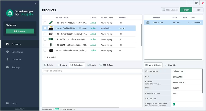 Shopify store manager edit product collections lower grid