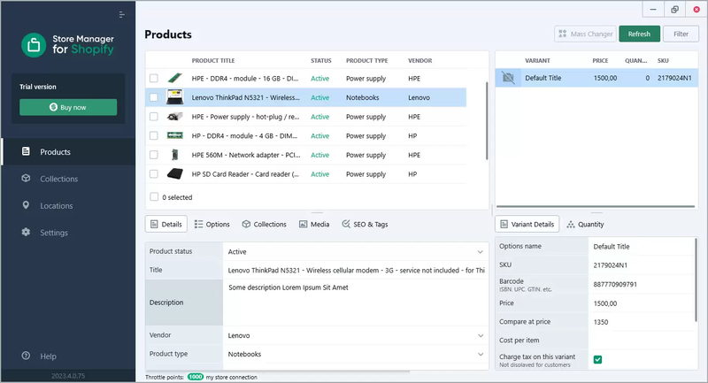 Shopify store manager edit product details lower grid