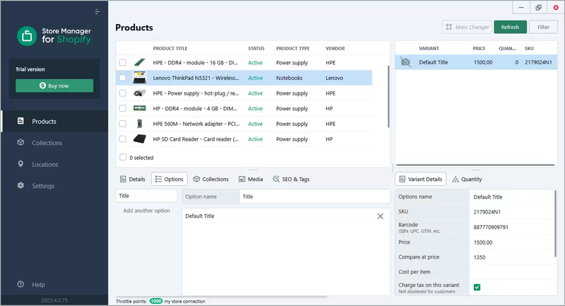 Shopify store manager edit product options lower grid