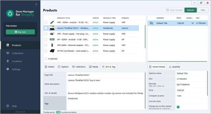 Shopify store manager edit product seo and tags lower grid